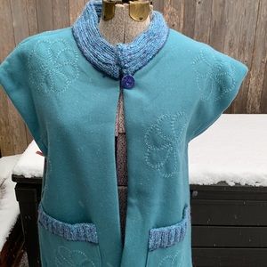 Handmade winter Vest Coat - aqua blue wool with knit trim - NEW